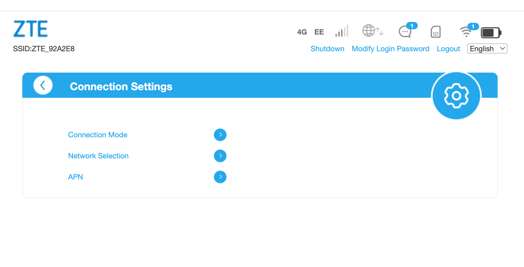 4G settings menu with Connection Mode, Network Selection, and APN options