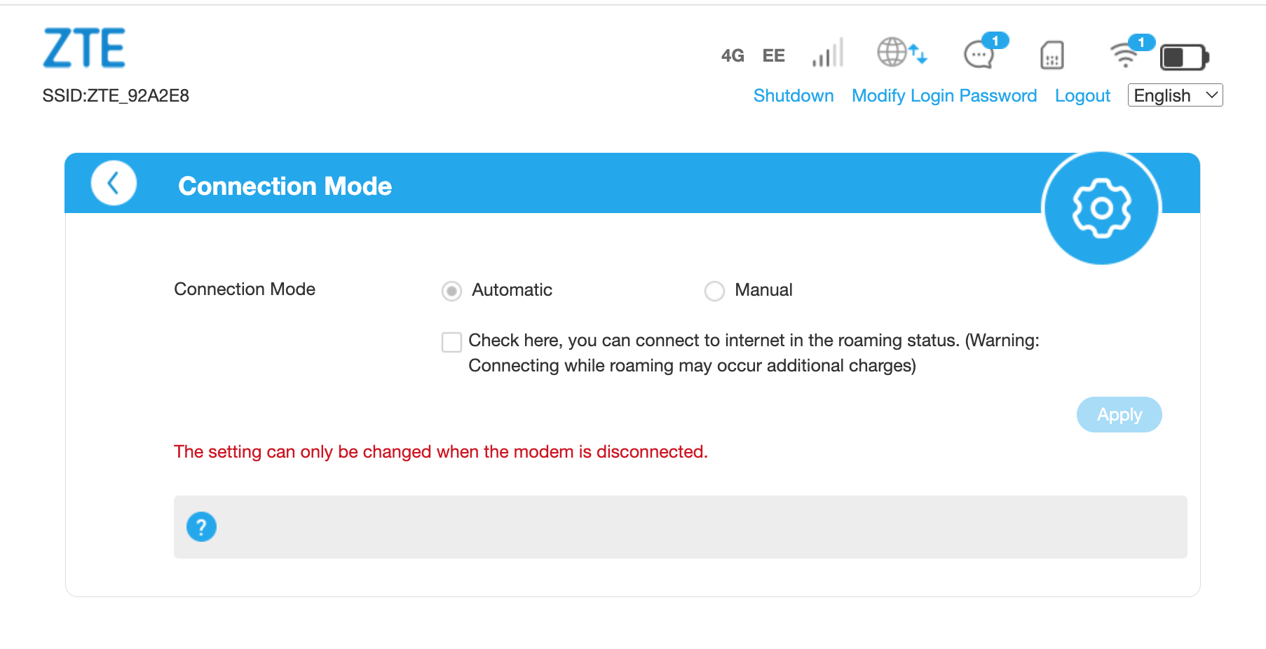 Roaming enable checkbox in Connection Mode