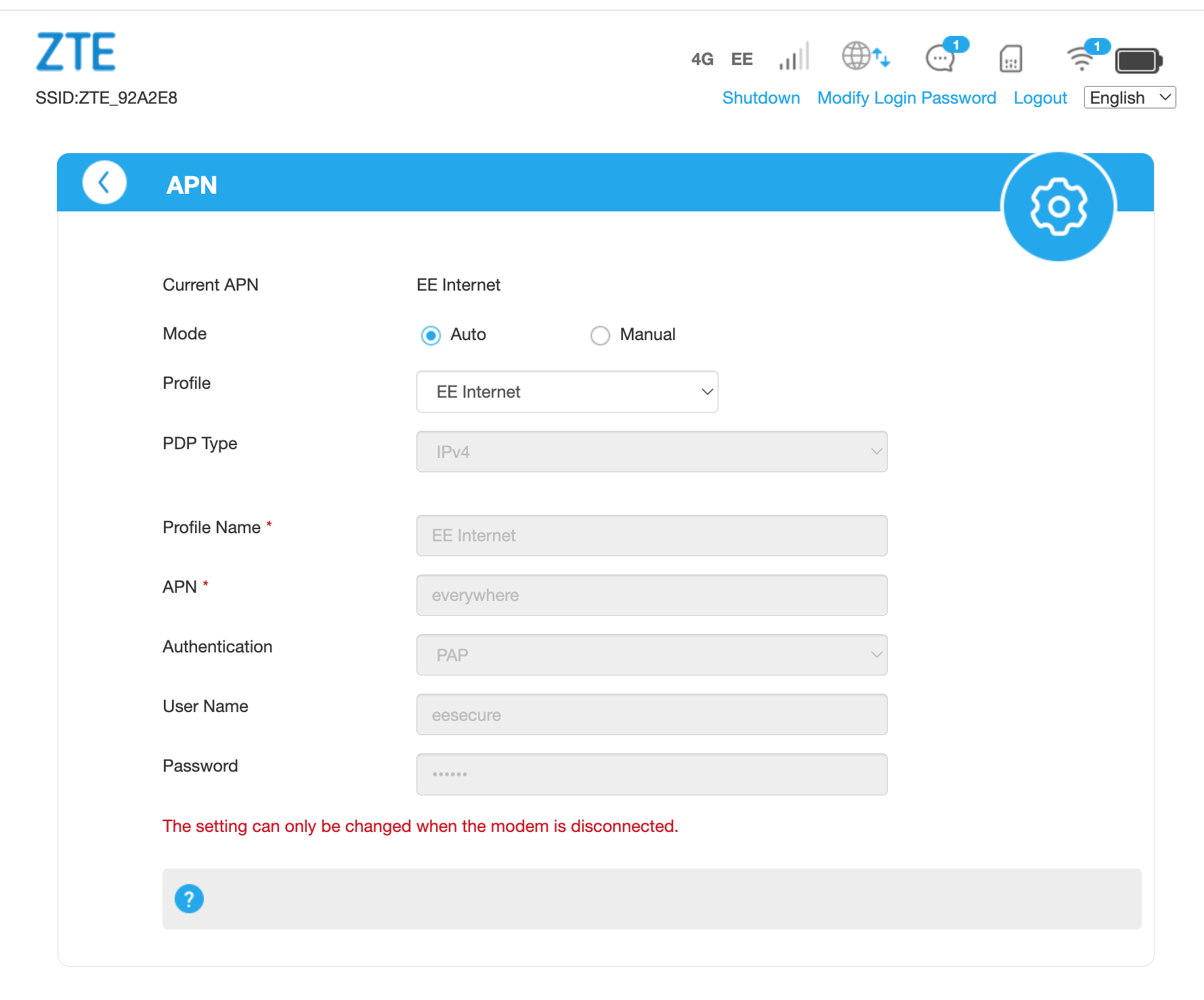 APN settings configuration interface