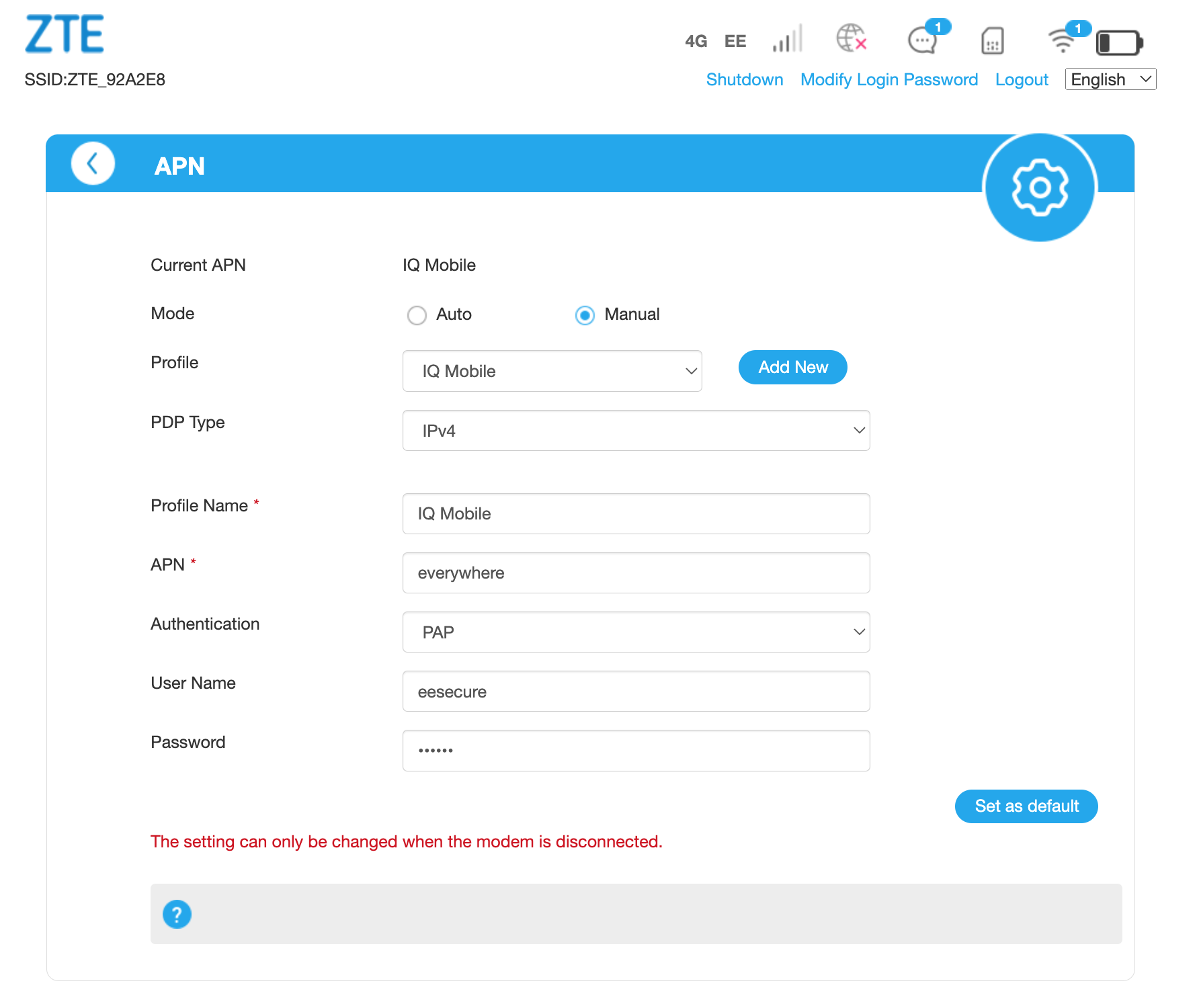 Manual APN profile creation interface