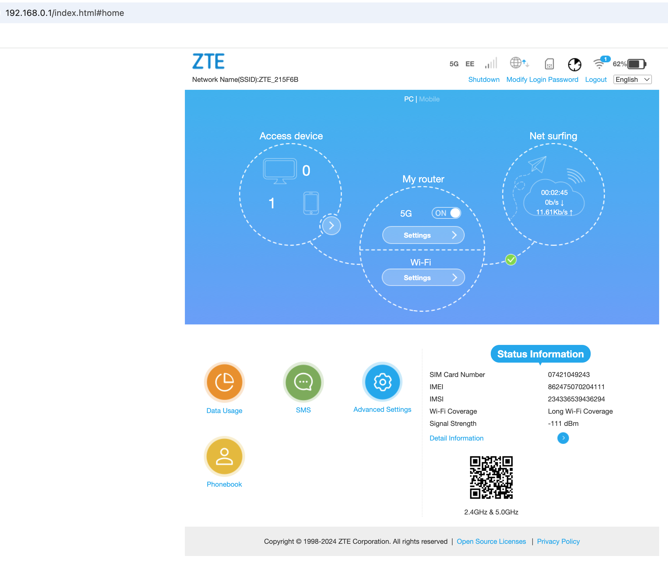 ZTE U50 configuration dashboard