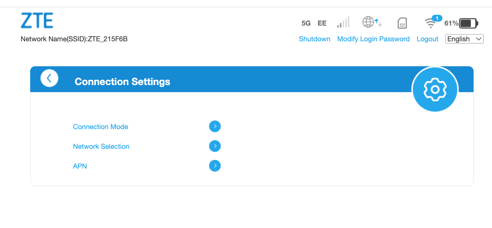 5G settings menu with Connection Mode, Network Selection, APN
